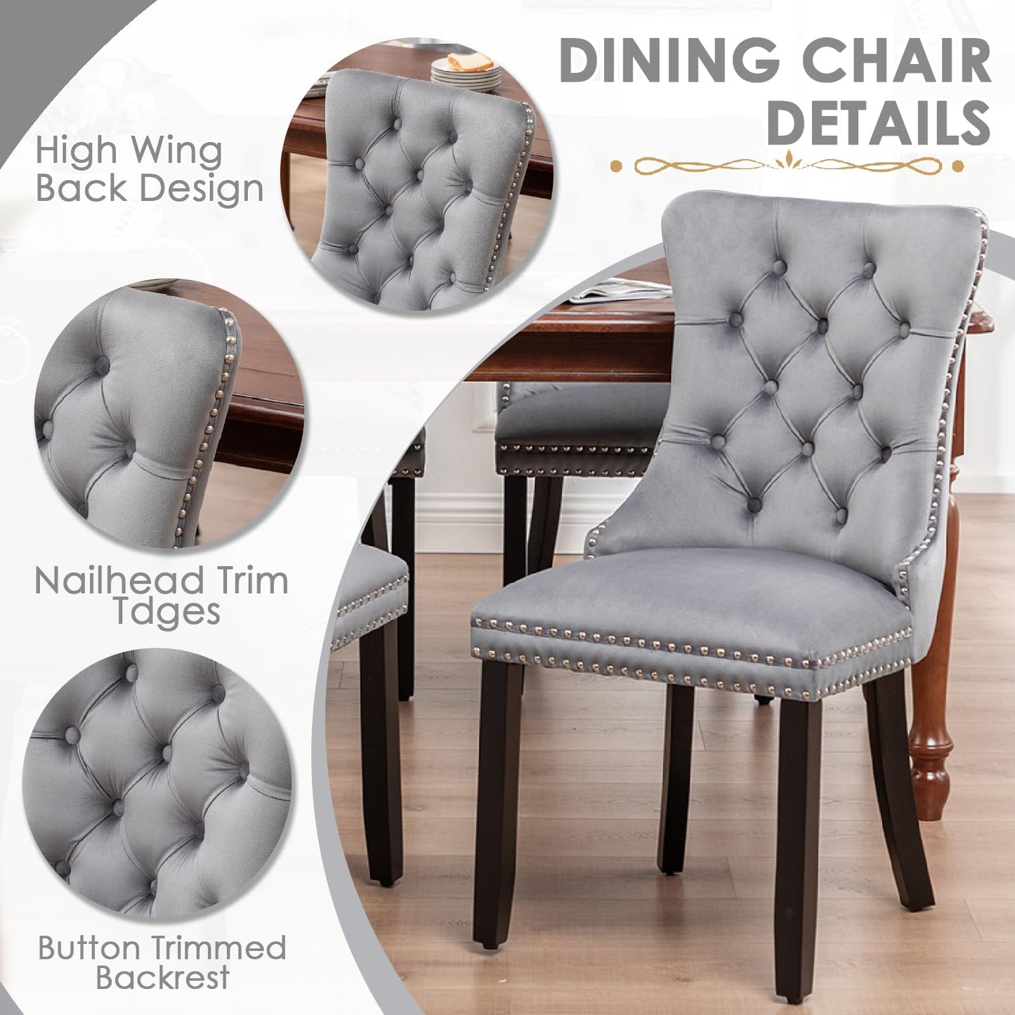 Kiztir Velvet Dining Chairs Set of 4, Upholstered Dining Chairs with Ring Pull Trim and Button Back, Luxury Tufted Dining Chair for Living Room, Bedroom, Kitchen (Gray)