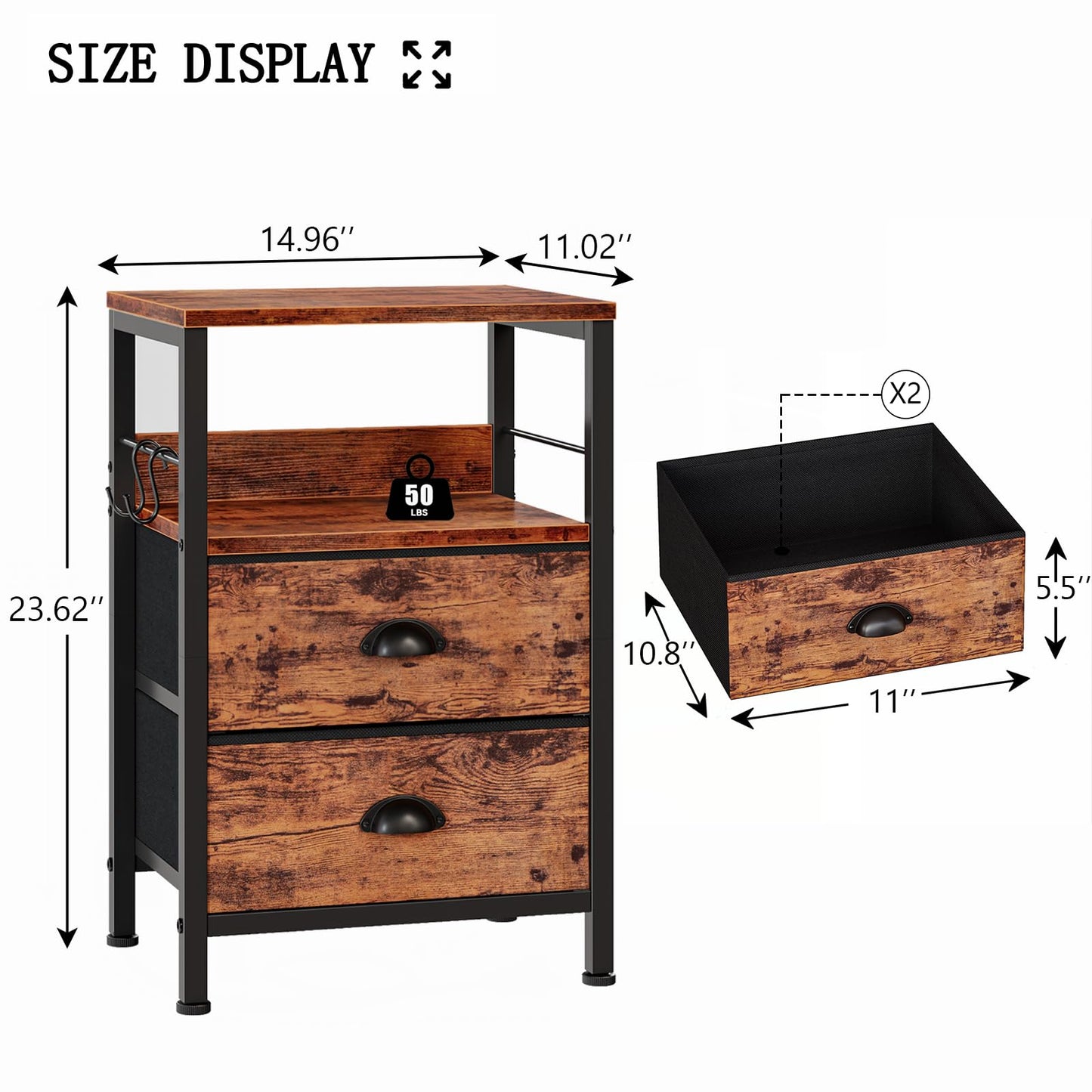 Furologee Nightstand with 2 Fabric Drawers, End Table with Open Wood Shelf, Side Sofa Table with 2 Hooks for Bedroom/Living Room/Study/Halway/Rustic Brown