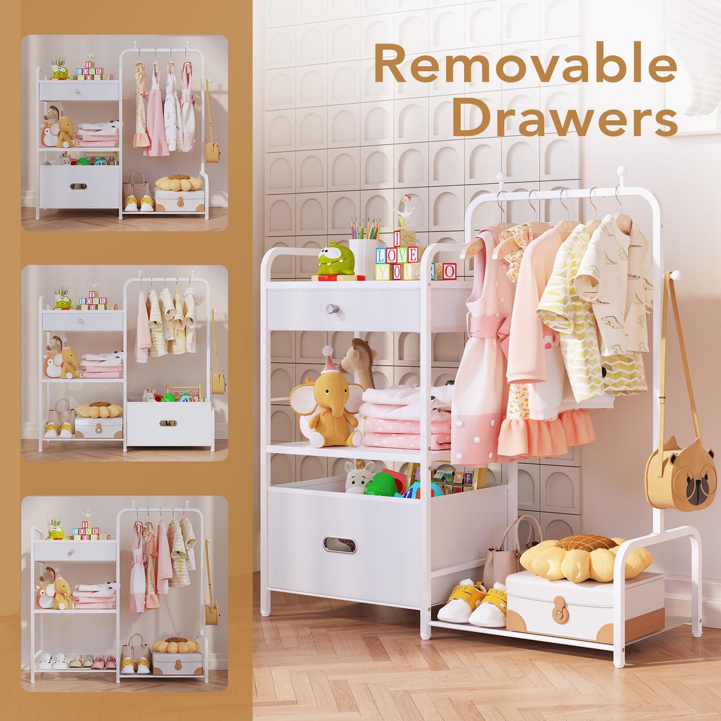 BBLIKE Kids Clothing Rack - Baby Clothes Organizer with Bottom Storage Shelf, Garment Rack With Storage Box for Hanging Clothes, Coats, Skirts, White