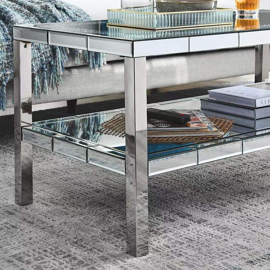 Olodumare Elegant 2 Tiers of Shiny Silver Mirrored Coffee Table, Crystals Inlay,and Stainless Steel Frame,Modern Rectangle Cocktail Table/End Table for Living Room and Kitchen, 39.5 Inches