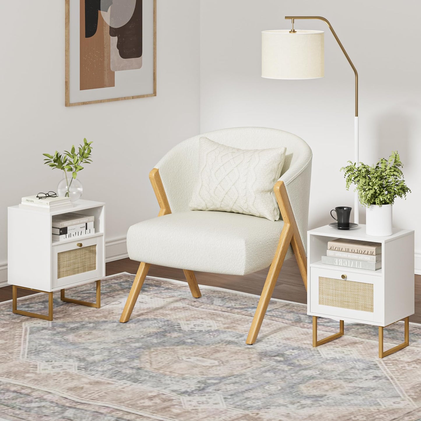 Masupu Rattan Nightstand,Modern Boho Farmhouse Wood Bedside Table with Storage Drawer and Open Shelf,Small Gold Frame Side End Table for Bedroom,Living Room,Office(White)