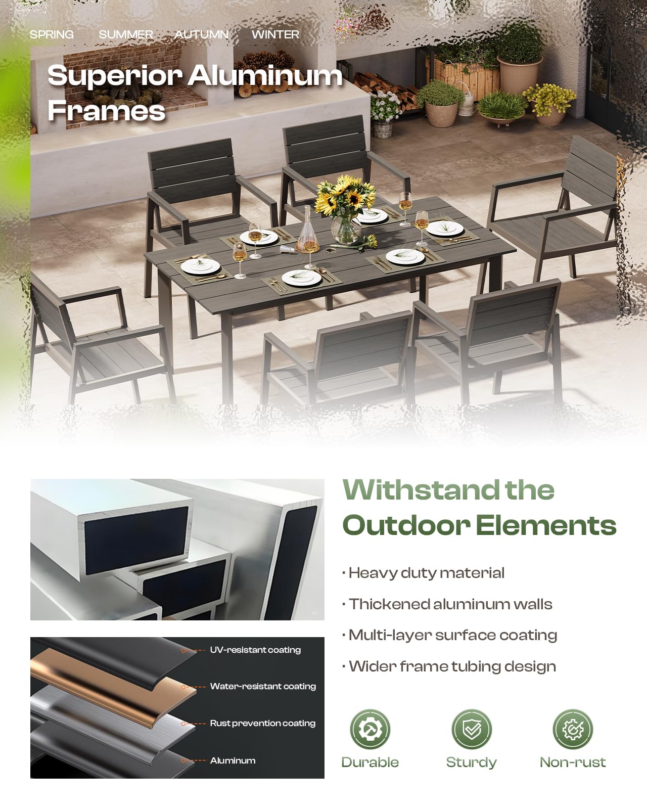 Oasbira Outdoor Patio Dining Table Sets 7-Piece Aluminum and HDPS All-Weather Table and Chairs with Umbrella Hole, Patio Modern Furniture Sets for Garden, Backyard, Lawn, and Poolside, Charcoal