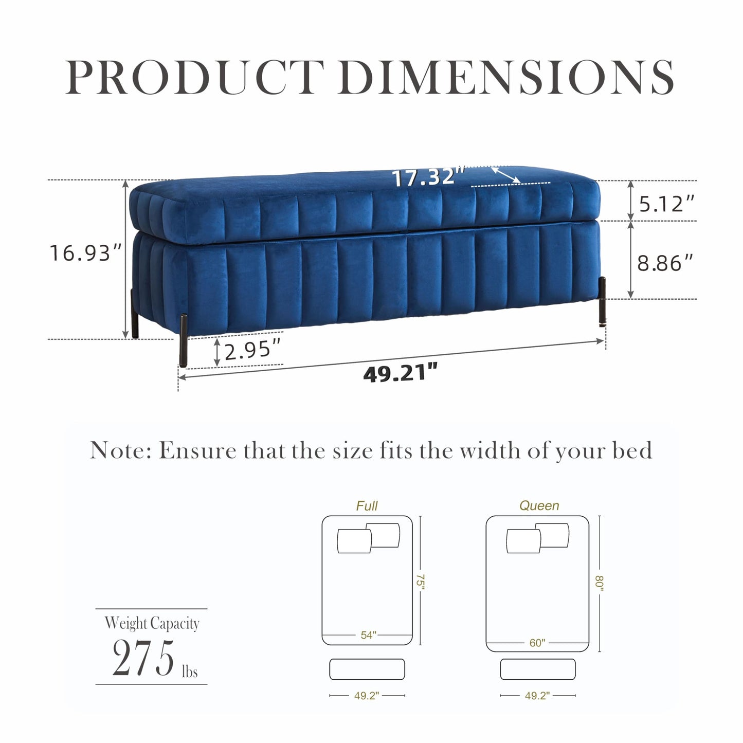Aoiy & Wifon 49.2" W Storage Ottoman Bench, Upholstered End of Bed Storage Bench Foot Rest with Metal Legs for Bedroom/Entryway/Living Room, Velvet, Navy