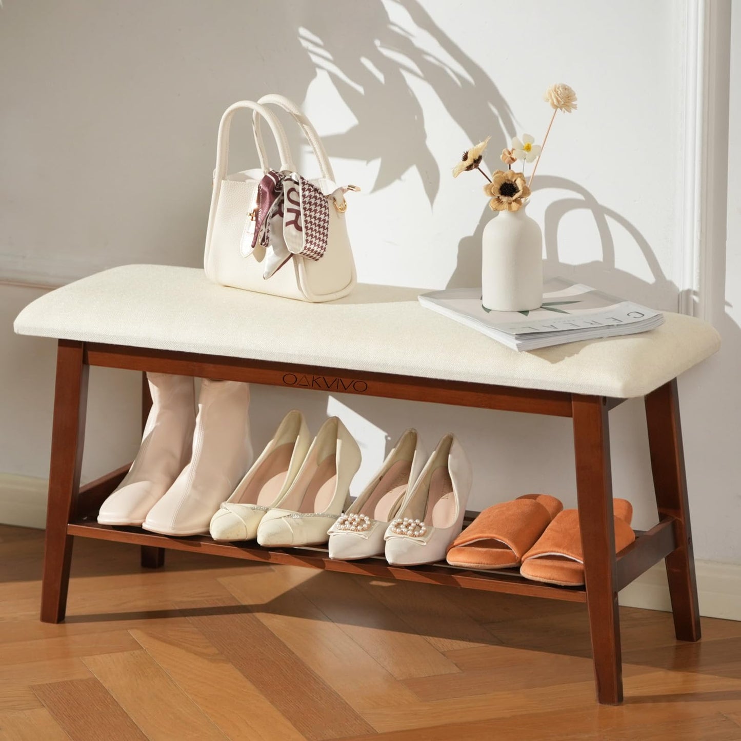 oakvivo Entryway Shoe Bench, 35.4" Bamboo Bench for Bedroom End of Bed, 2-Tier Shoe Rack with Cushion Padded Seat, Shoe Organizer Stable for Entry Hallway Living Room Bedroom, 35.4"W x11.2"D x 17.7"H