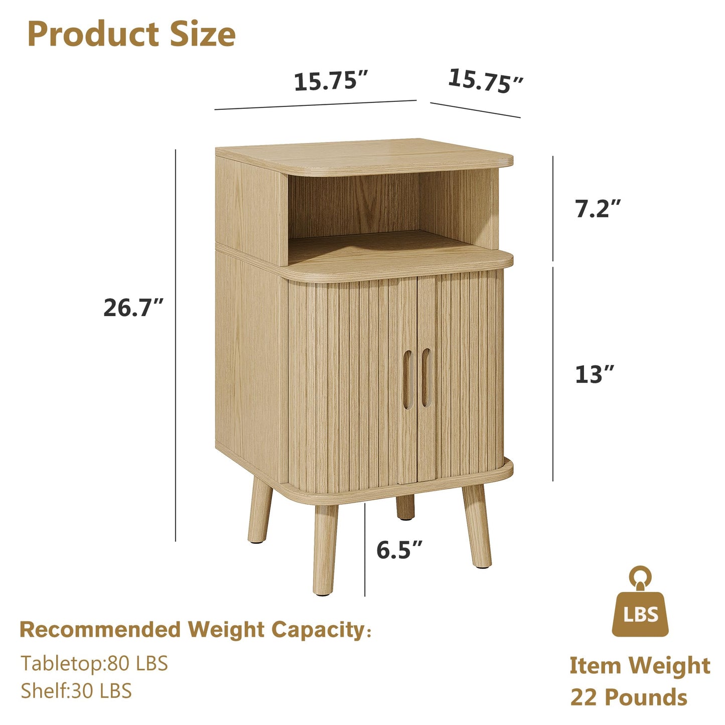 Alohappy Fluted End Table Set of 2, Mid Century Modern Nightstands with Sliding Tambour Door, Curved Round Edge Wood Bedside Table for Bedroom, Side Tables with Storage for Living Room, Natural Oak