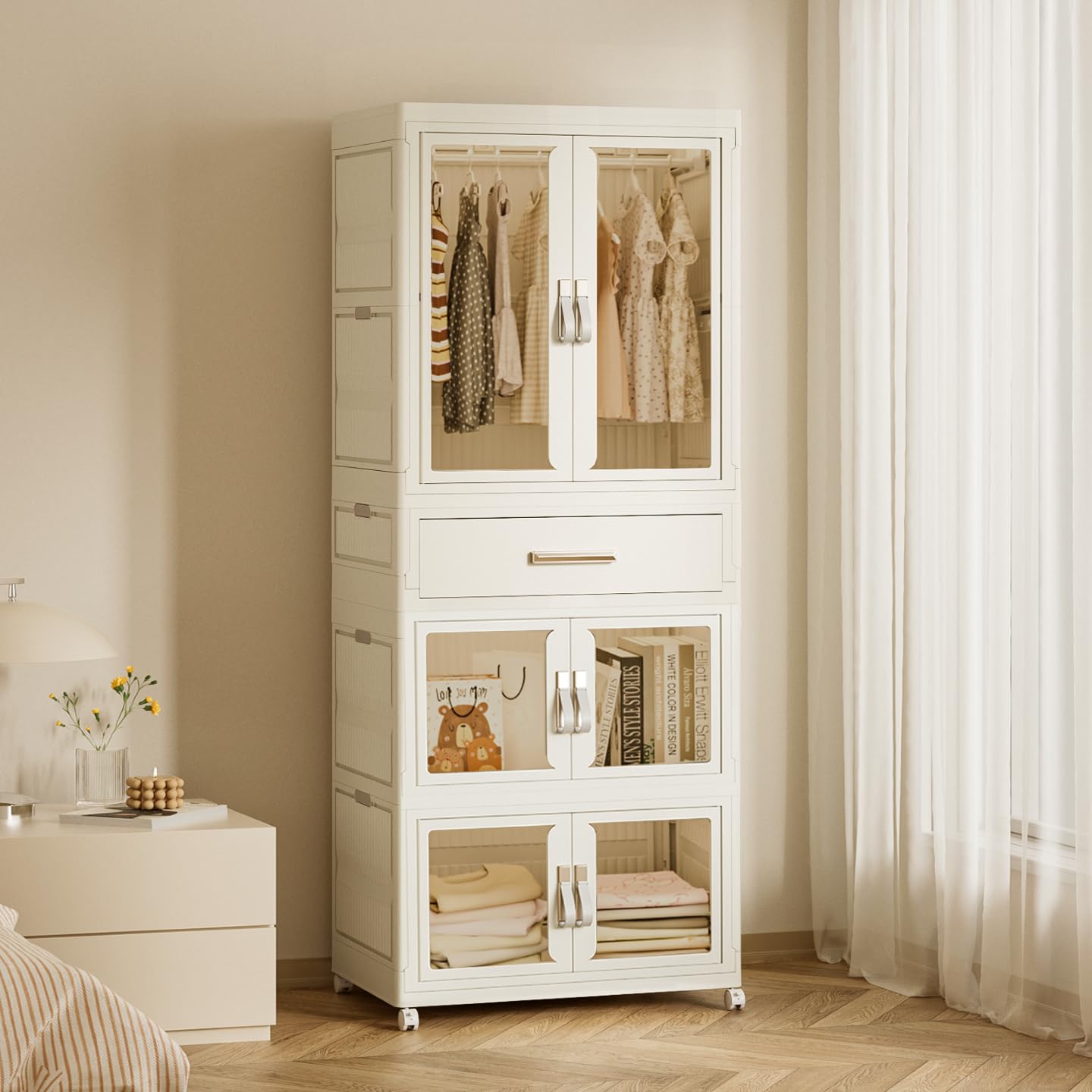 MU TU HD Large Portable Kids Closet Children's Armoire Adults Clothes Wardrobe Closet with Drawers and Doors, Collapsible Baby Costume Storage Organizer Kids Dress Up Storage Cabinet with Hanging
