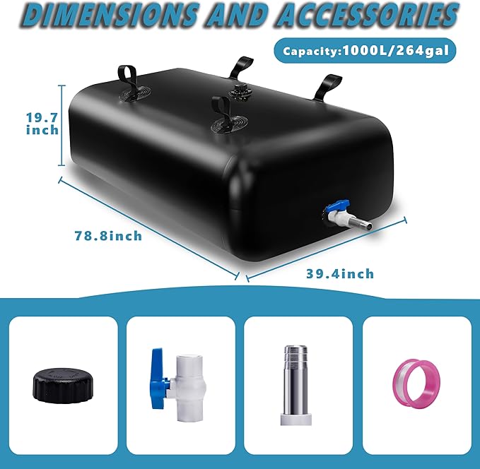1000 L/264 Gal Water Bladder Tank, Foldable Portable Water Storage Container, Emergency Water Bag for RV, Truck Bed, Fire Prevention, Drought Resistance, Black