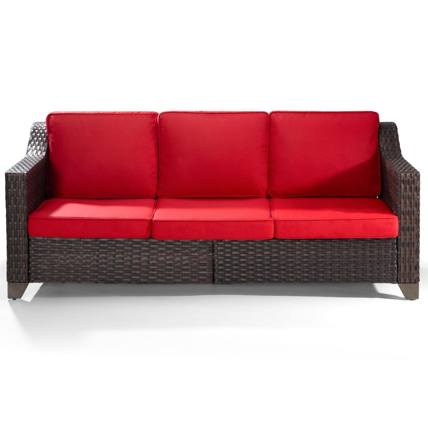 MeetLeisure 77'' Patio Sofa, All Weather Outdoor Rattan Wicker 3-Seat Sofa High Back Couch with Premium Cushions for Garden Backyard Porch(Brown/Red)