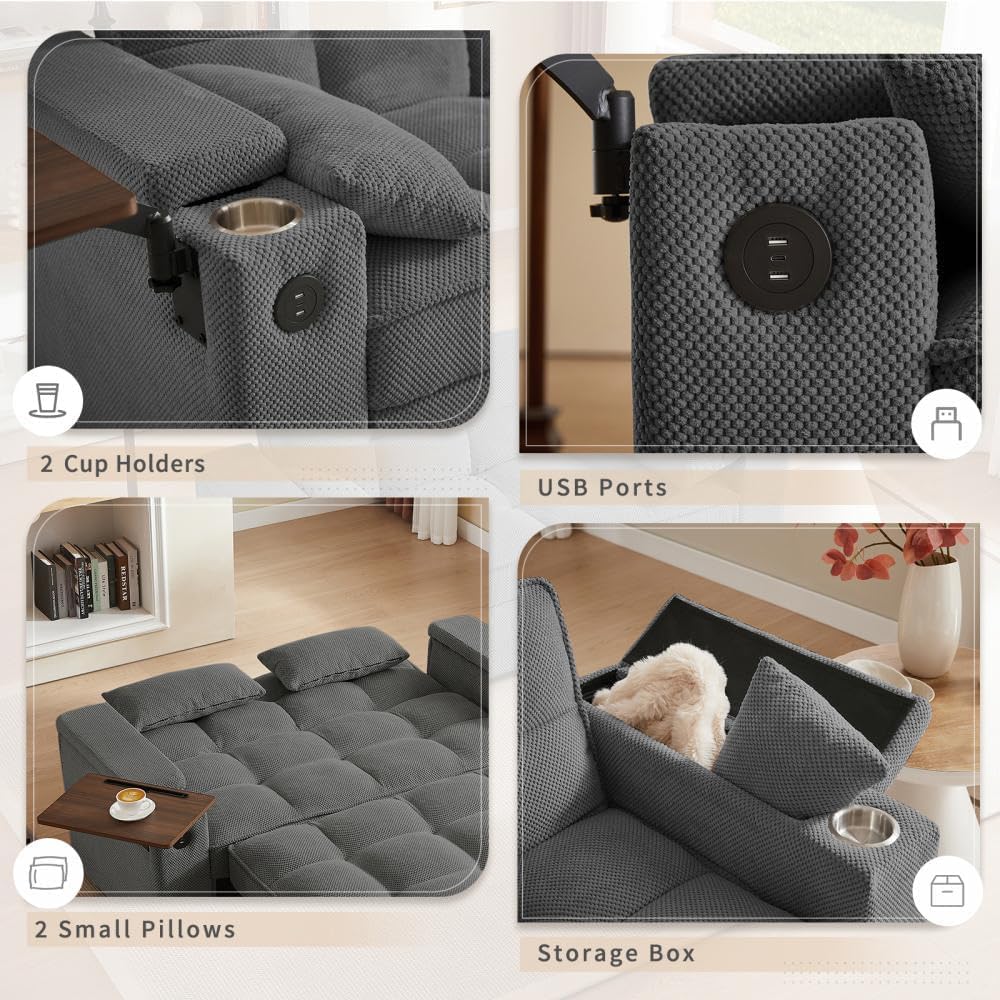 oaaktu ﻿ Large Size Convertible Sleeper Sofa Bed,Polka dot Velvet Pull Out Futon Couch with Storage handrails & Rotating Side Tables,Convertible Sofa Couch for Living Room,RV (Dark Grey)
