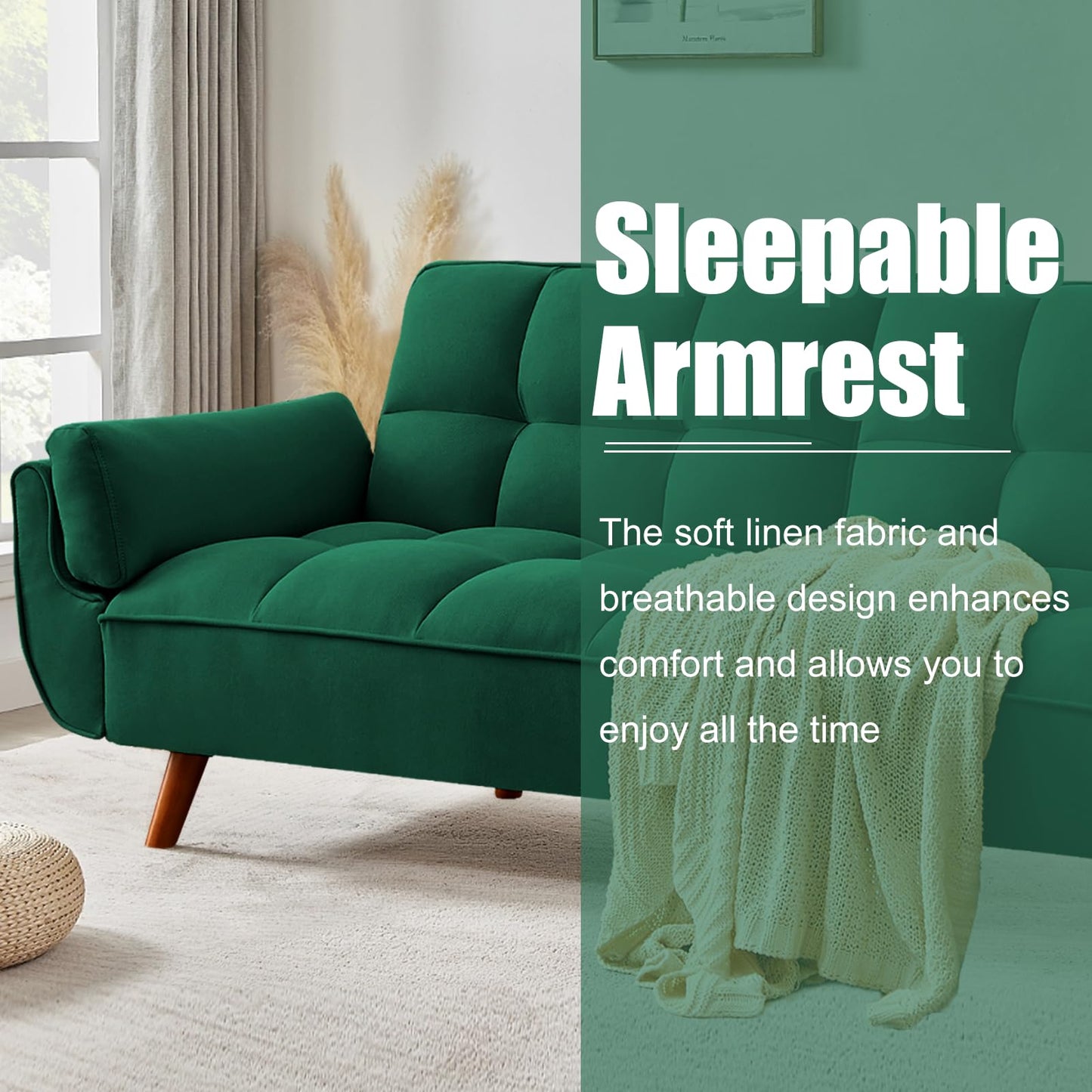 Convertible Futon Couch Bed, Sleeper Sofa Bed with Adjustable Backrests, Linen Loveseat Sofa 3 Seater Comfy Couch for Small Spaces, Living Room, Bedroom(Green, 75")