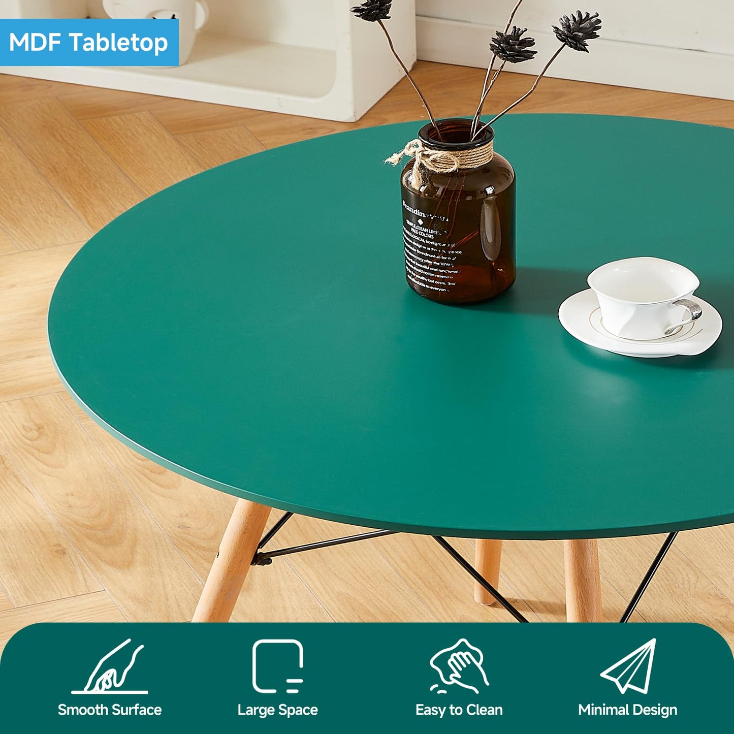 Yuqunfur Round Dining Table Set for 4 35.5" Wood Dinner Table Circle Dining Table Kitchen Table Chairs Set of 4 with Wood Strip Base for Kitchen Living Room Space Saving Apartment(Green)