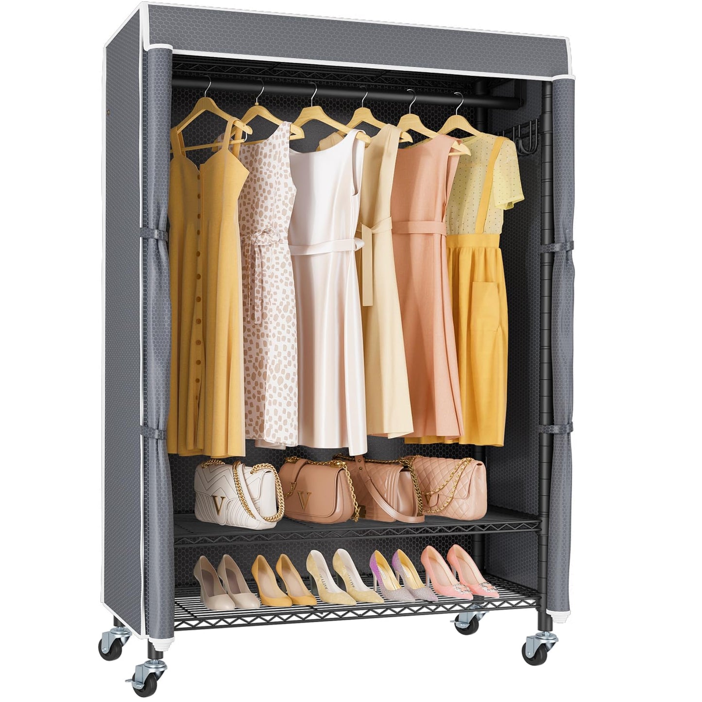 VIPEK R3C Rolling Clothes Rack with Cover Portable Closet for Hanging Clothes, Heavy Duty Garment Rack Clothing Racks with Wheels& Hanging Rod, Black Racks with Grey Upgraded Polyester Cover