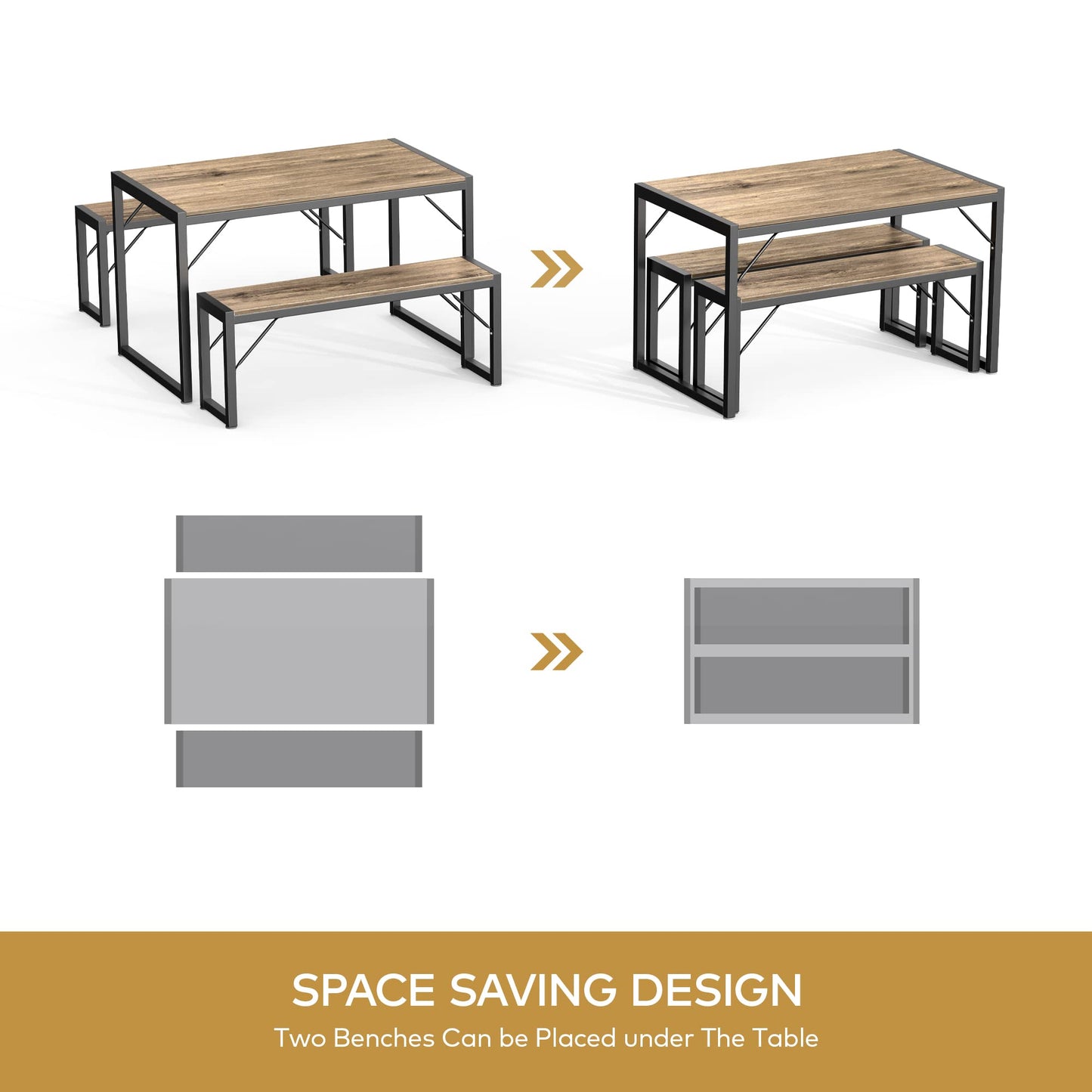 Gizoon 45.5" Dining Table Set for 4 with 2 Benches, Kitchen Table Set with Metal Frame & MDF Board, Space-Saving Dinette for Kitchen, Dining Room -Grey