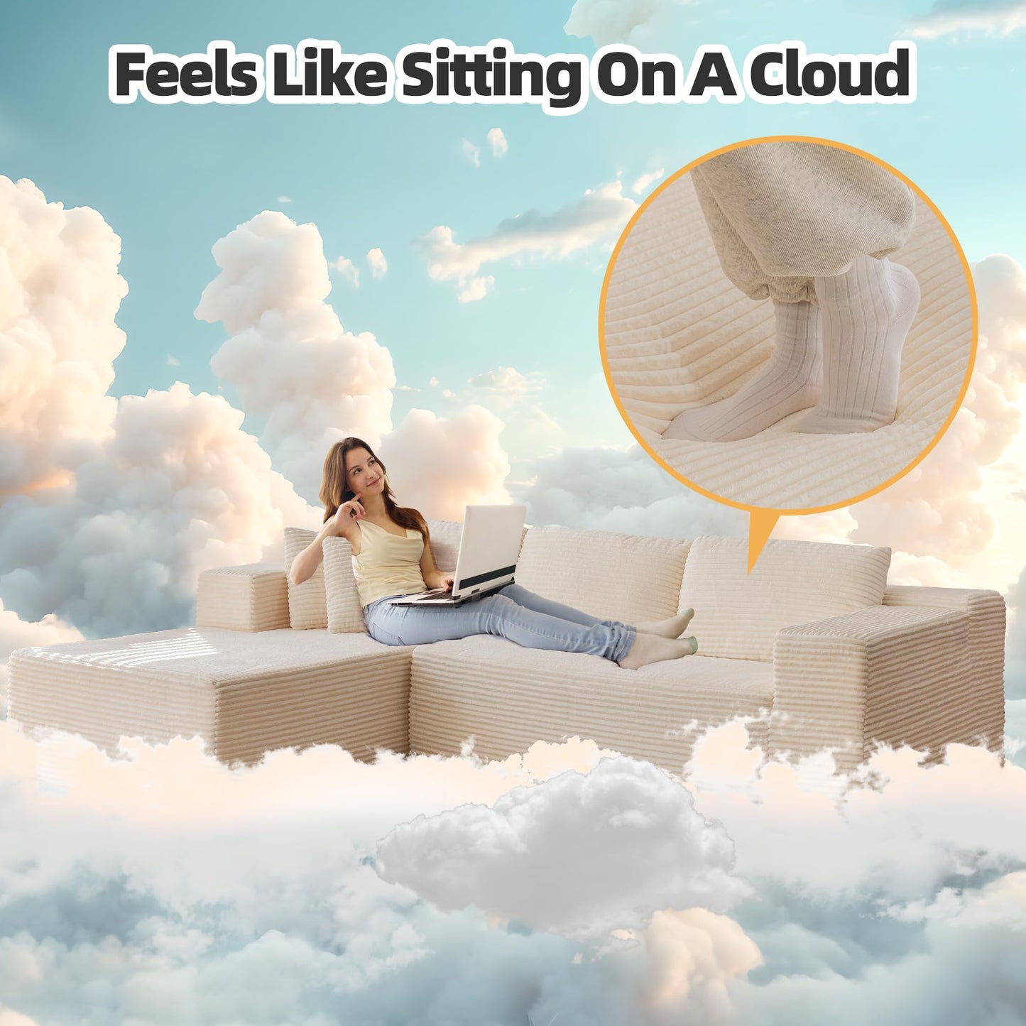 HOMREST 106" Cloud Sectional Couch with Chaise Lounge, L-Shape Modular Sectional Sofa with Deep Seat, Upholstered Couches for Living Room Bedroom, No Assembly Required, Beige (Plush Corduroy Fabric)