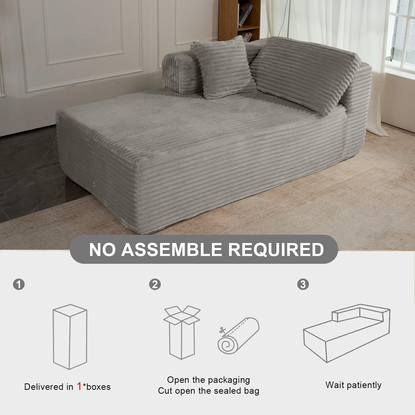 Modular Sectional Sofa with L-Shape Chaise, Boneless Cloud Couch with Deep Seat, Sponge Compression Sofas No Assembly Required, Upholstered Couches for Living Room Bedroom, (Half Chaise, Beige)