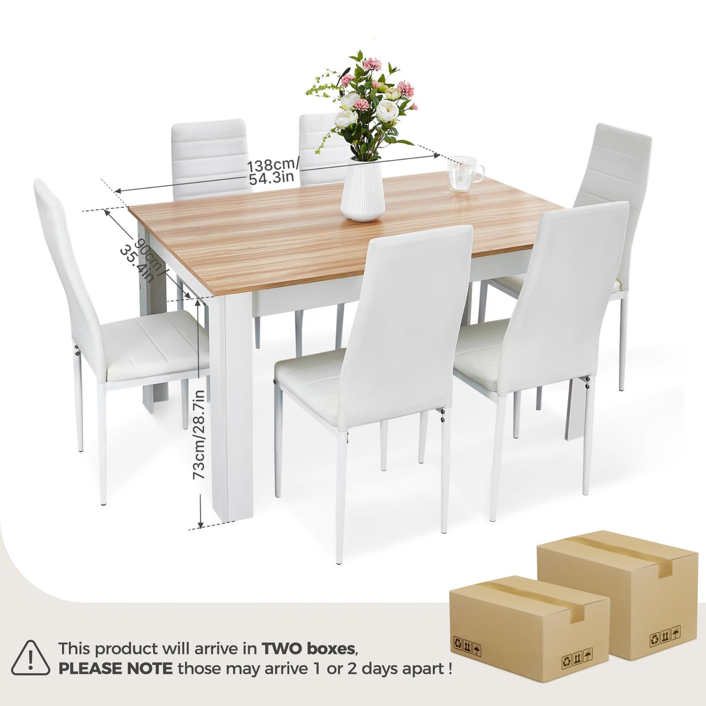 Mondeer Dining Table and Chairs Set 6, 7 Pieces Kitchen Table Set with High Back Faux Leather Chair for Dining Room Kitchen Rectangular Modern (Oak Table White Chairs)
