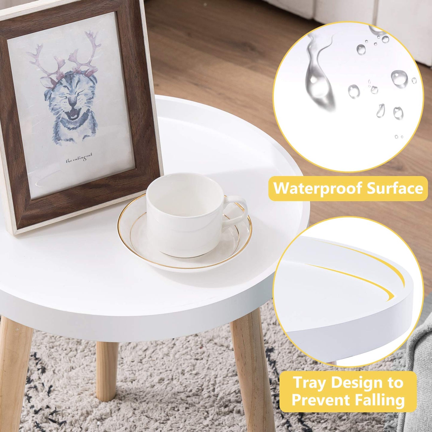Apicizon Round Side Table, White Tray Nightstand Coffee End Table for Living Room, Bedroom, Small Spaces, Easy Assembly Bedside Table, 15 x 18 Inches