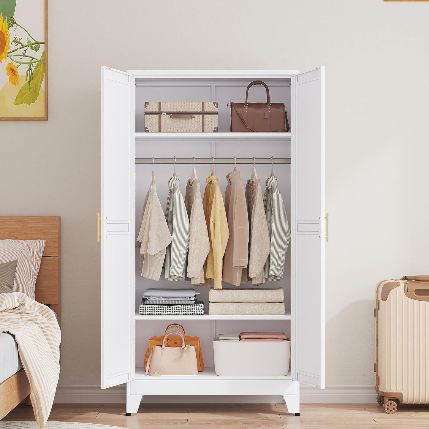 GAIOUS Metal Wardrobe Cabinet with Hanging Rod, 71" Metal Clothing Storage Cabinets with 2 Doors and Adjustable Shelves, White Armoire Wardrobe Closet for Bedroom, Laundry Room, Cloak Room