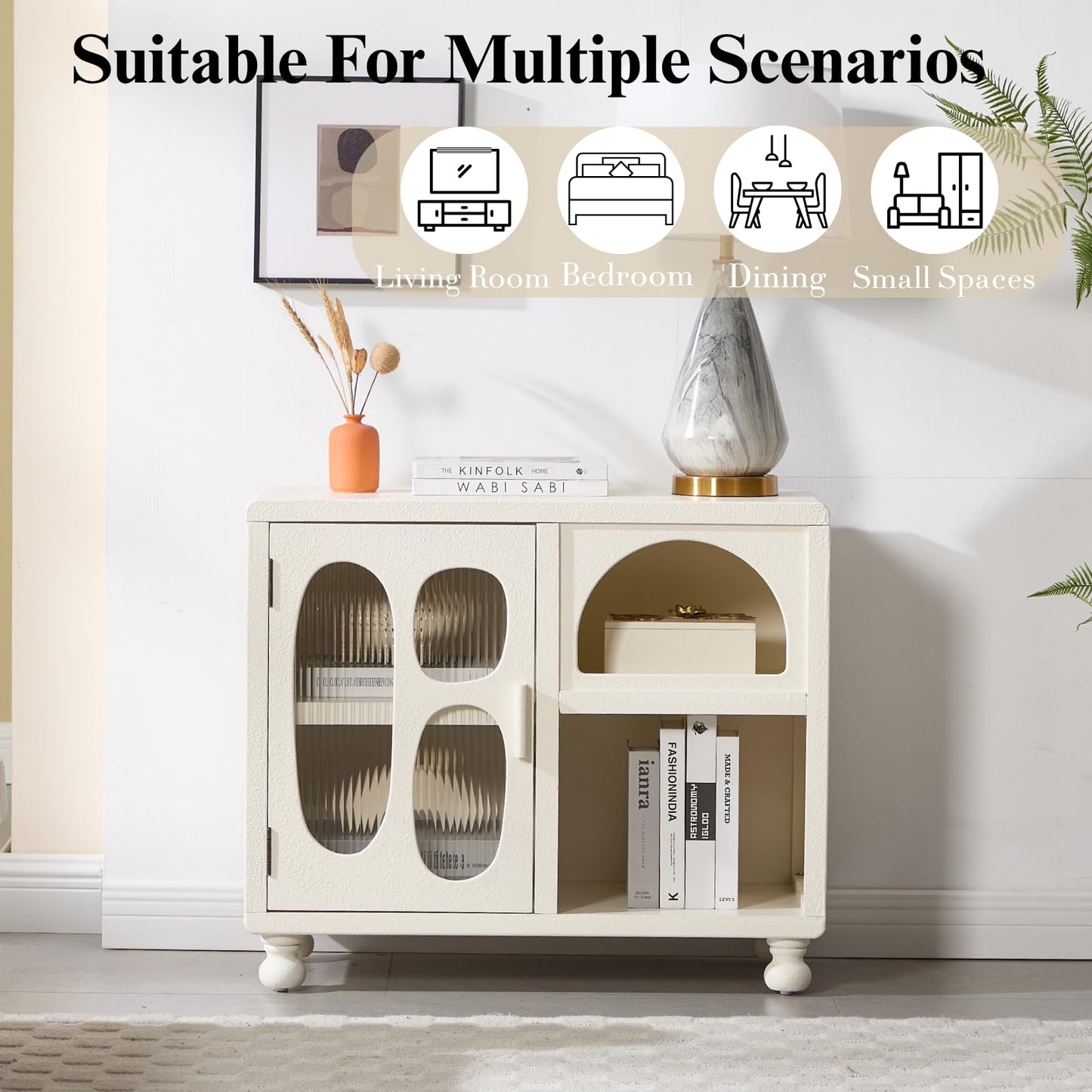 DUOMAY Hollow Display Cabinet with Glass Doors, 31.5" Wide Shallow Sideboard with Irregular Door & 1 Shelve Accent Wood Buffet Cabinet with Storage for Hallway Small Spaces, White