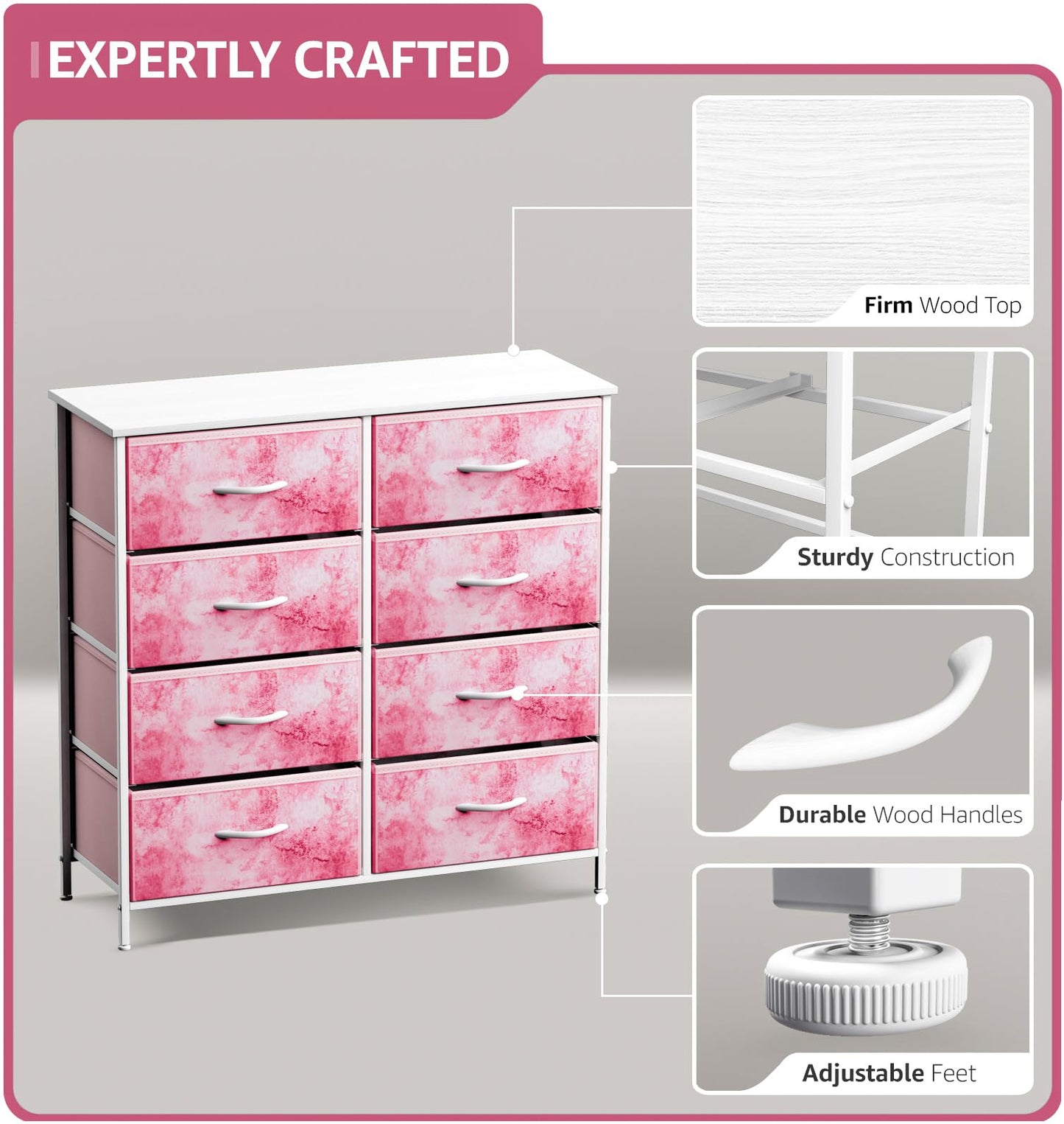 Sorbus Dresser with 8 Drawers - Furniture Storage Chest Tower Unit for Bedroom, Hallway, Closet, Office Organization - Steel Frame, Wood Top, Easy Pull Fabric Bins (8-Drawer, Pink)