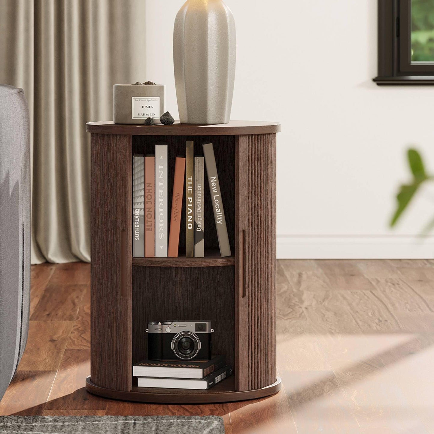 LINSY HOME Round Fluted End Table, Tall Side Table with Sliding Tambour Door and Storage Shelf, Modern Bedside Table, Mid-Century Nightstand for Living Room, Bedroom, Walnut
