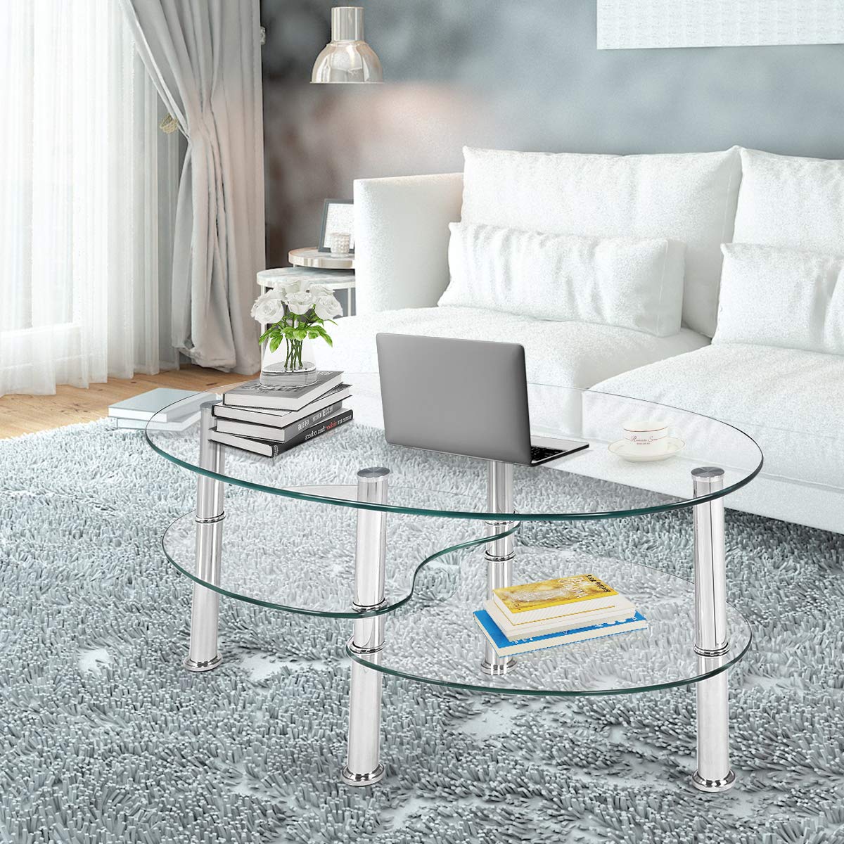 S AFSTAR Glass Coffee Table, Modern Style Glass Shelves with Steel Legs for Living Room, Cocktail Tea Table (Clear Glass)