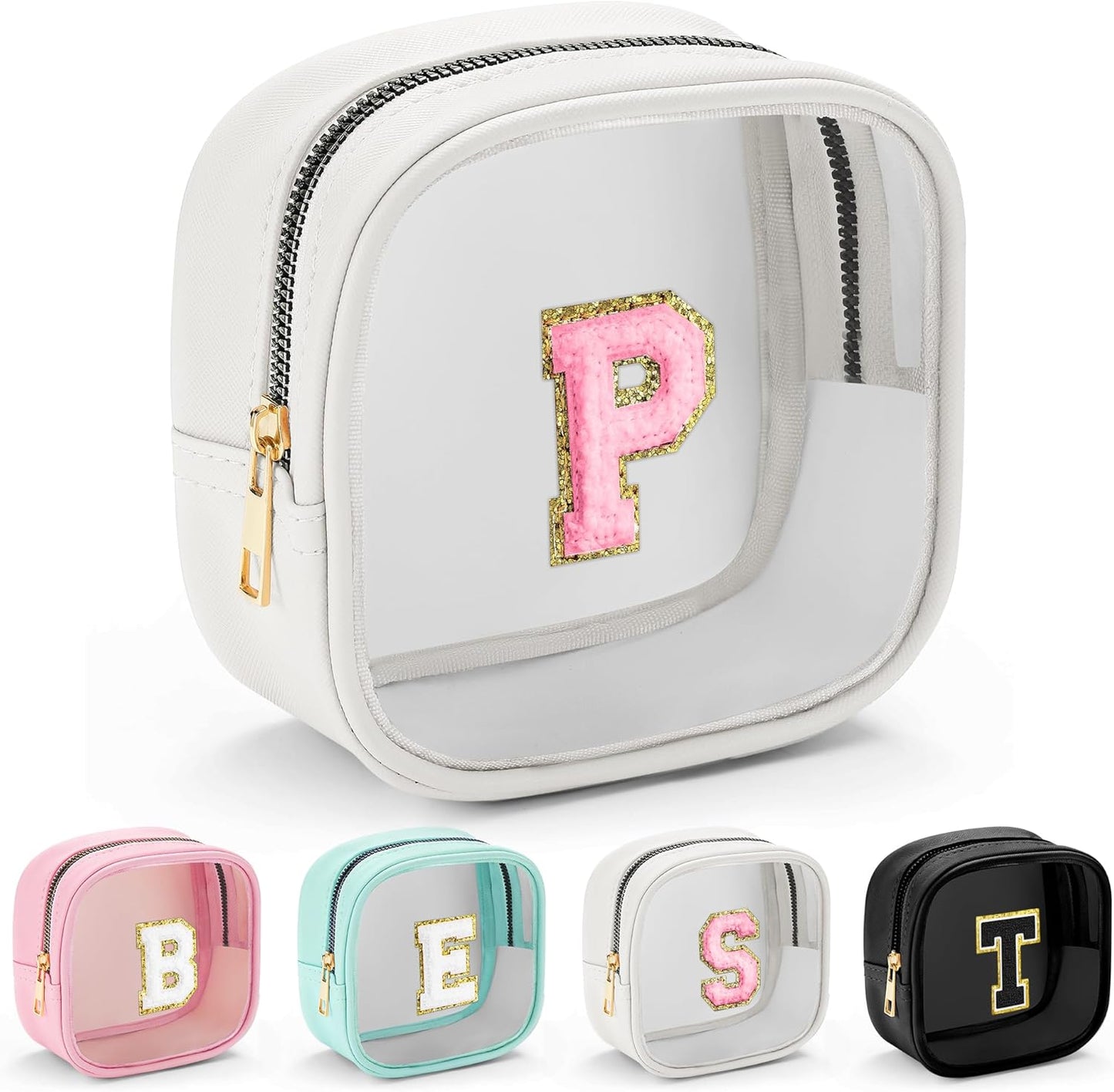 YOOLIFE Initial Make Up Bag Travel Toiletry Bag, Clear Makeup Bag Preppy Cosmetic Bags Organizer Travel Essentials Gifts for Women Teen Girlfriend Teacher Mom Birthday Mothers Day Gifts White P