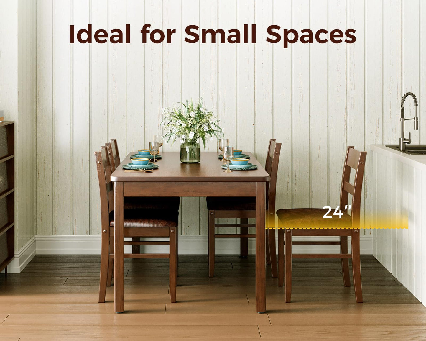 KKL Dining Table Set for 4, 5-Piece Solid Wood Kitchen Table and Upholstered Chairs, Space-Saving Dining Set with Padded Seats, Compact for Apartment, Home, Small Dining Room, Coffee Brown