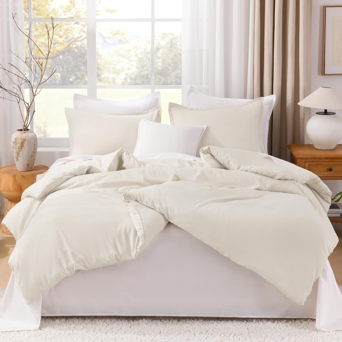 Litanika Queen Comforter Set Beige, 3 Pieces Lightweight Fluffy Solid Bedding Comforter Set, Down Alternative Comforter All Season Bed Set Gift Choice