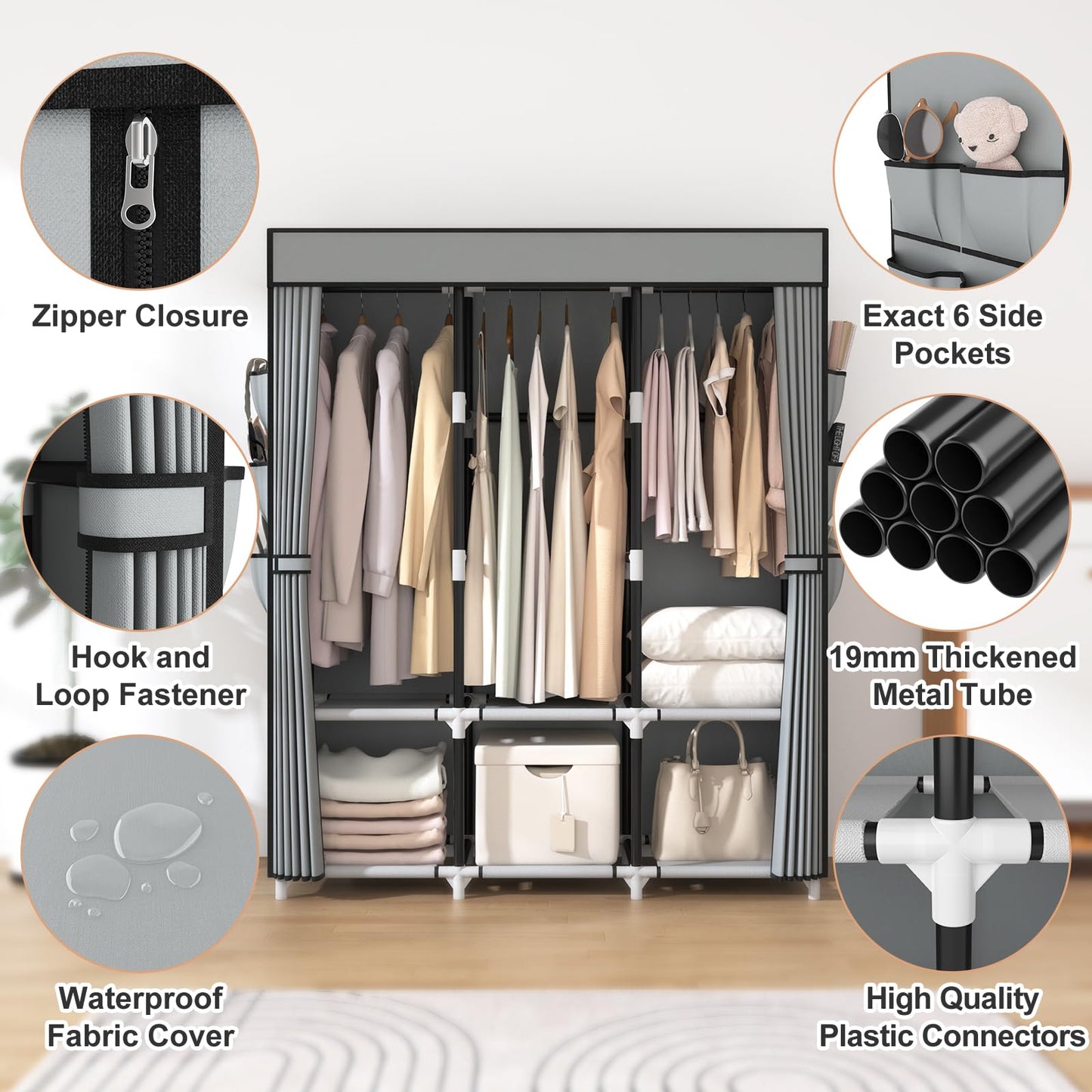 VTRIN Portable Closet Wardrobe for Hanging Clothes Closet with Cover, 3 Hanging rods, 6 Storage Shelves and Side Pocket, Diameter 19mm Metal Pipe, Sturdy Free Standing Closet for Bedroom