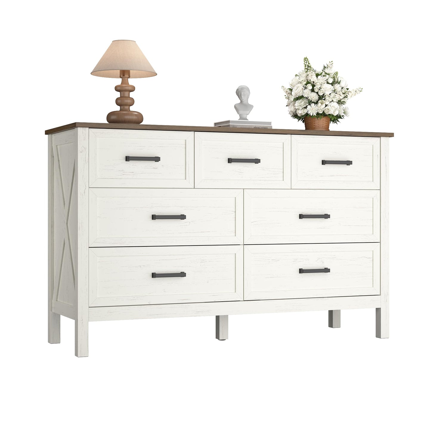 BAZELOR Farmhouse Dresser for Bedroom, 7 Drawers Dresser with Natural Texture, Wood Rustic Wide Chest for Bedroom, Hallway, Entryway, Antique White