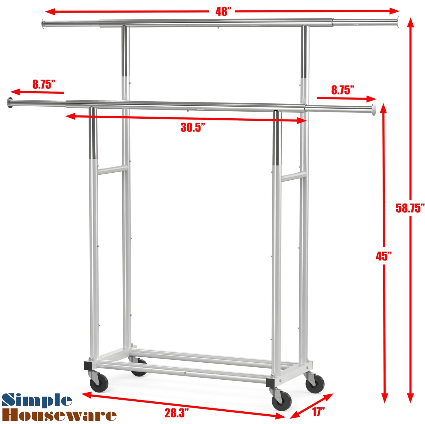 Simple Houseware Standard Double Rod Garment Rack, Silver