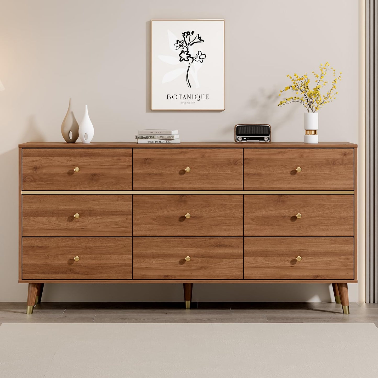 Chrangmay 9 Drawer Dresser,63" Wide Mid Century Modern Chest of Drawers,Wooden Bedroom Drawer Dresser with 9 Storage Drawers for Bedroom, Living Room,with Anti-Tipping Device,Umber