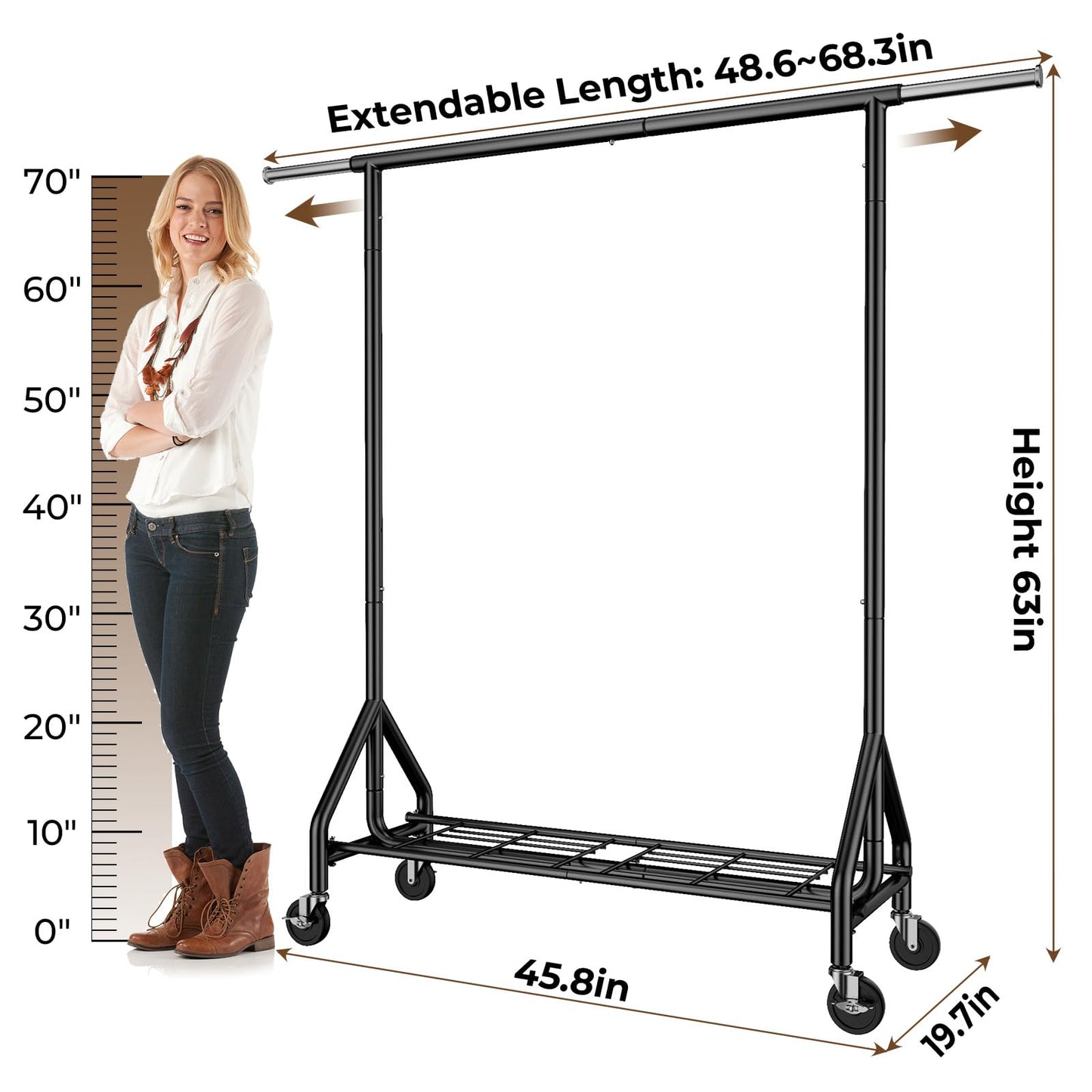 HYSEYY Heavy Duty Clothes Rack Load 450 LBS, Metal Garment Rack, Standing Rolling Clothing Rack for Hanging Clothes with Sturdy Wheels & Shelves, Portable Closet Wardrobe Rack,Black