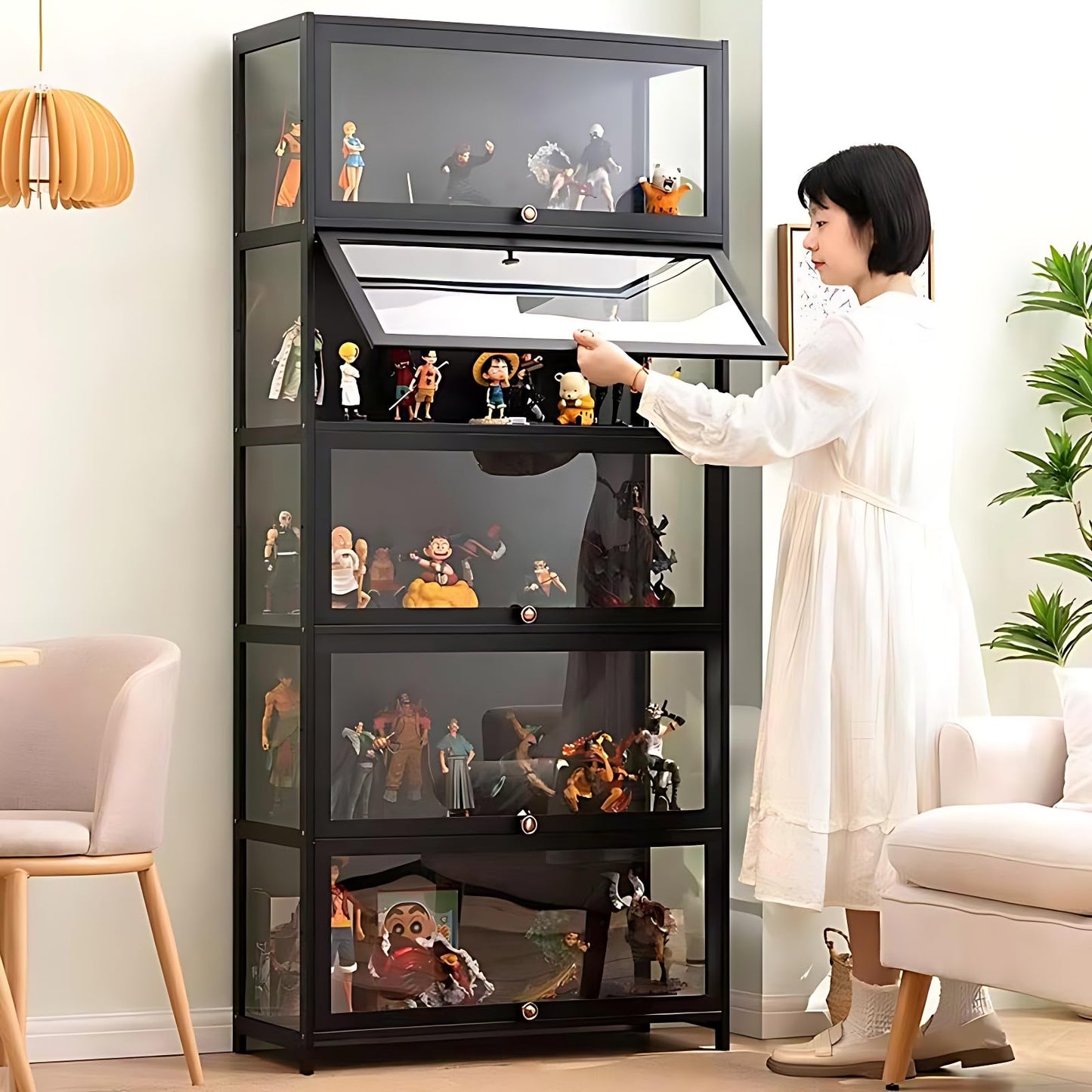 Curio Display Cabinet, 5-Tier Display Case with Acrylic Glass Doors, 67" Tall Transparent Bamboo Curio Display Shelf for Collectibles, Storage Cabinet for Playroom, Bedroom, Office, Living Room, Black