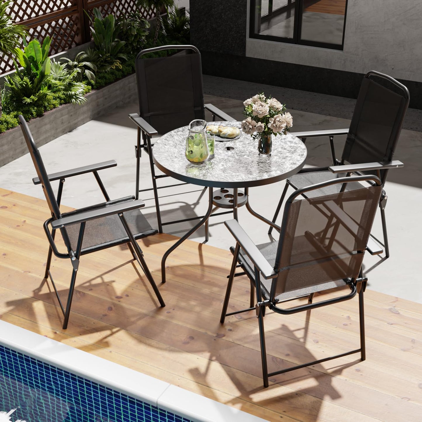 PUKAMI 6 Piece Folding Patio Dining Set with Umbrella, Outdoor Table and Chair with 4 Dining Chairs and Round Glass Table for Garden, Backyard and Deck, Black