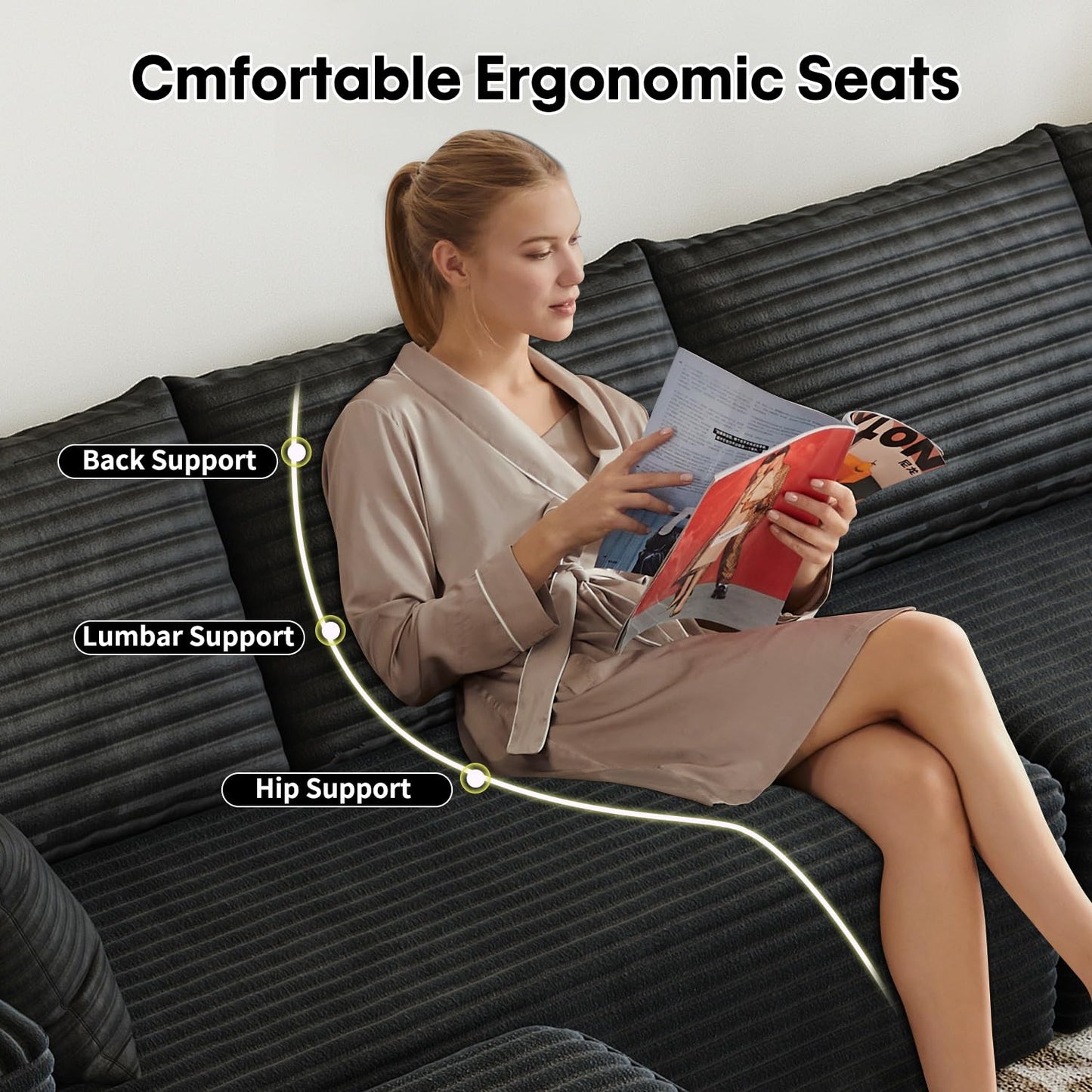 107.5" Cloud Modular Sectional Sofa Couch with L-Shape Chaise,Modern Minimalist Upholstered Couches for Living Room Bedroom,Deep Seat Corner Couch，No Assembly Required (Black,Left Facing Chaise)