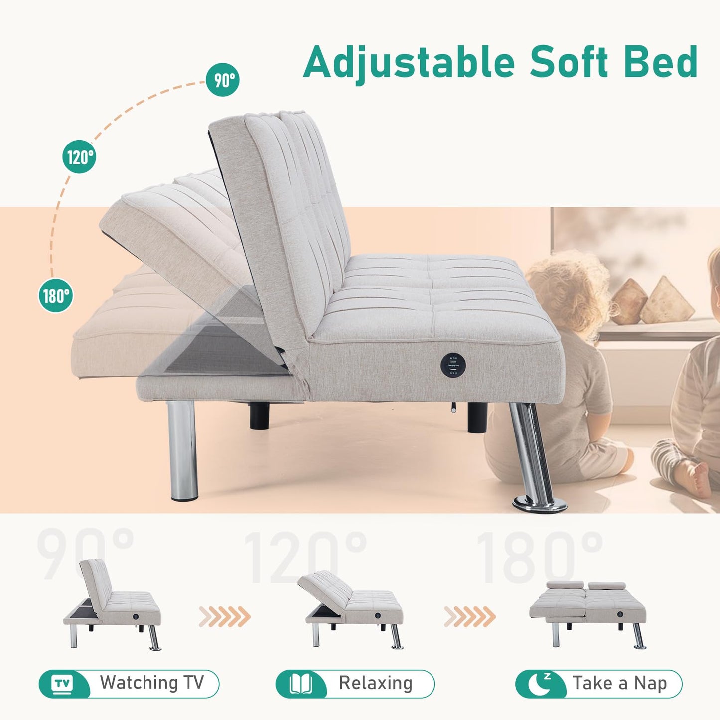 HAOMARKETS Convertible Futon Sofa Bed with USB Charging Port, Modern Linen Loveseat with Removable Armrests and 2 Cup Holders, Adjustable Folding Sleeper Couch for Small Spaces, Living Room, White