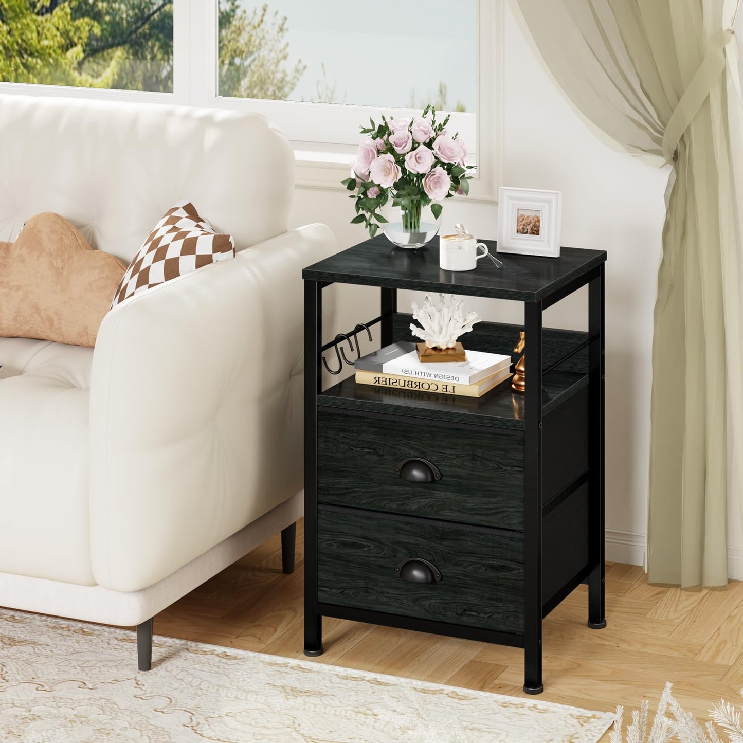 Furologee Nightstands Set 2, End Tables with 2 Fabric Drawers, Bedside Tables with Hooks and Shelf, Side Tables for Bedroom/Living Room/Study/Black Oak