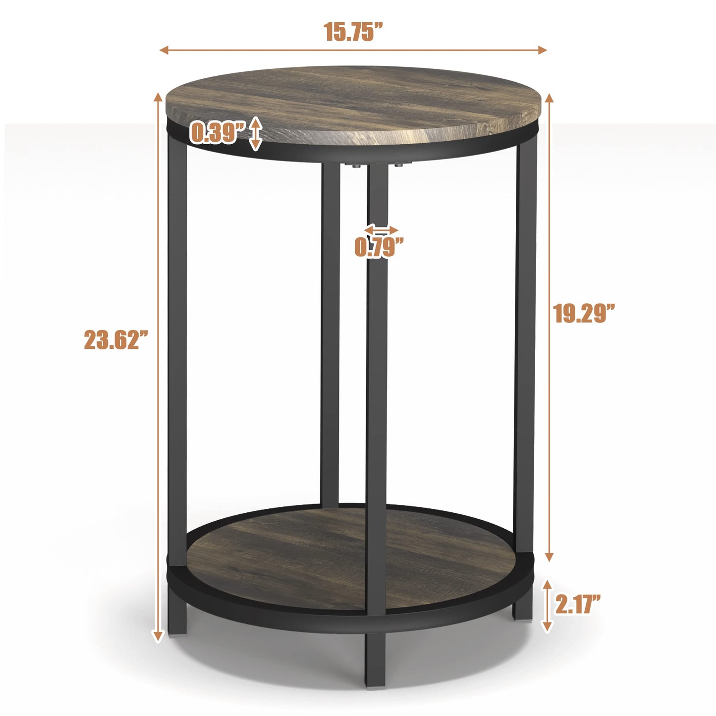 NSdirect Round Side Table Set of 2,16in Rustic Wooden End Table Surface Top & Sturdy Metal Legs Nightstand for Living Room Bedroom Farmhouse Sofa Table with Storage Open Shelf,Rustic Brown