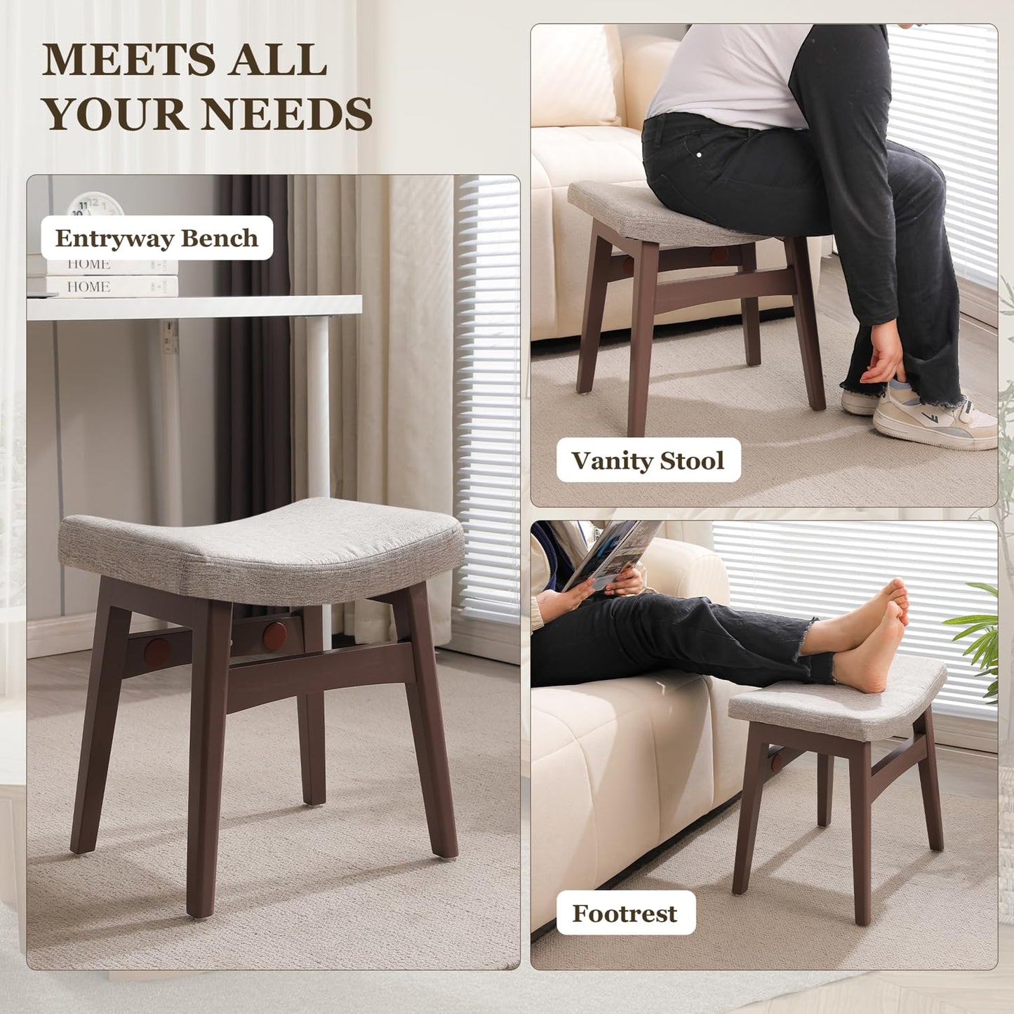 COSTASKF Vanity Stool, Saddle Cushion Foot Stool, Modern Vanity Bench Ottoman with Solid Wood Legs and Upholstered Seat for Entryway, Bedroom,Walnut Color Leg - Linen Colour Fabric Cushion