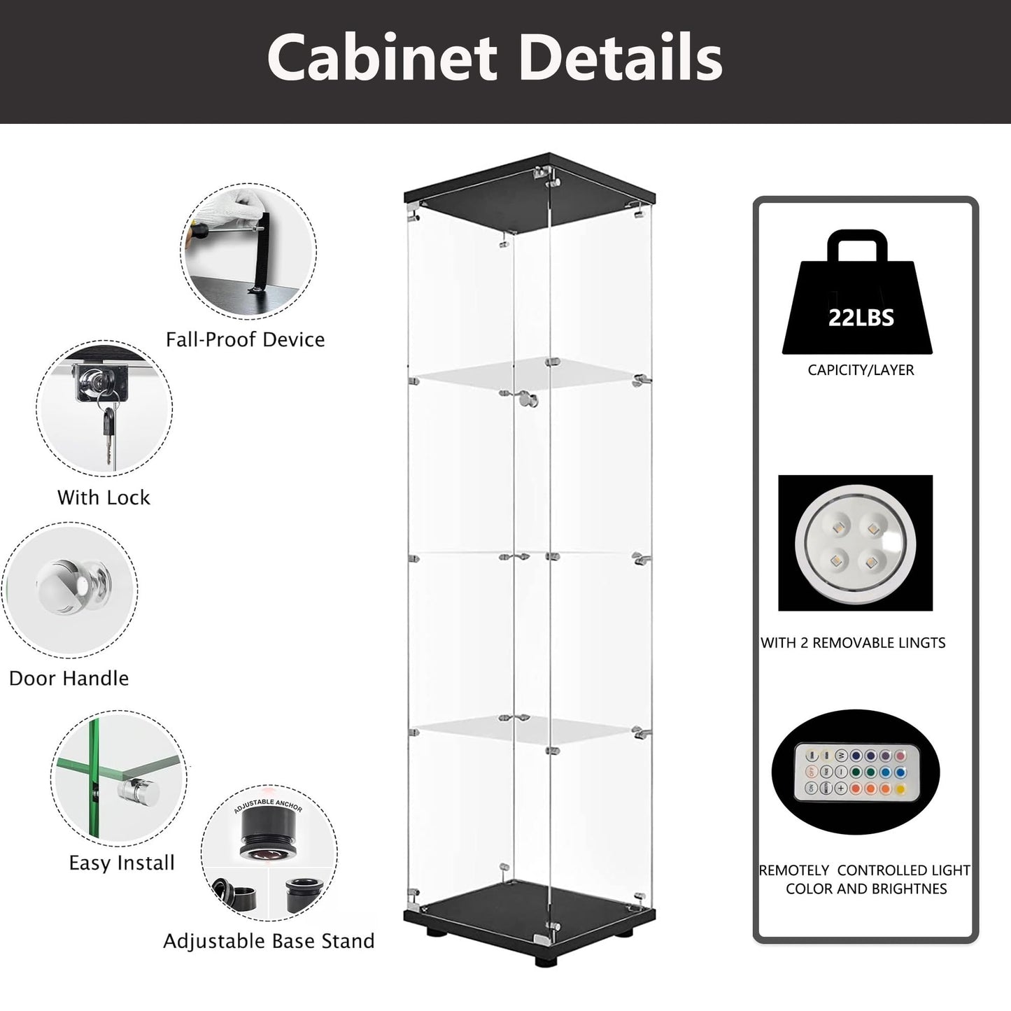 Zacis Glass Display Cabinet with Lights and Lock, 4-Tier Display Case Curio Cabinet with Glass Door, Floor Standing Showcase for Living Room Bedroom Home Office 16.7" W x 14.3" D x 64.5" H