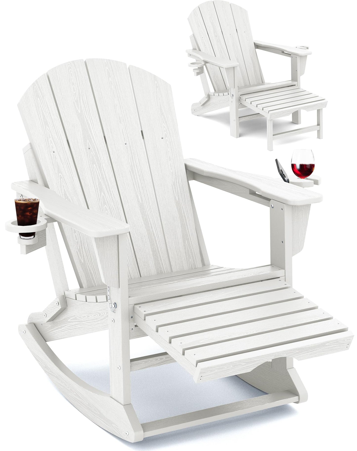 KINGYES Adirondack Rocking Chair with Retractable Ottoman and Cup Holders, HDPE Adirondack Rocker Patio Rocking Chair for Porch, Patio, Balcony, White