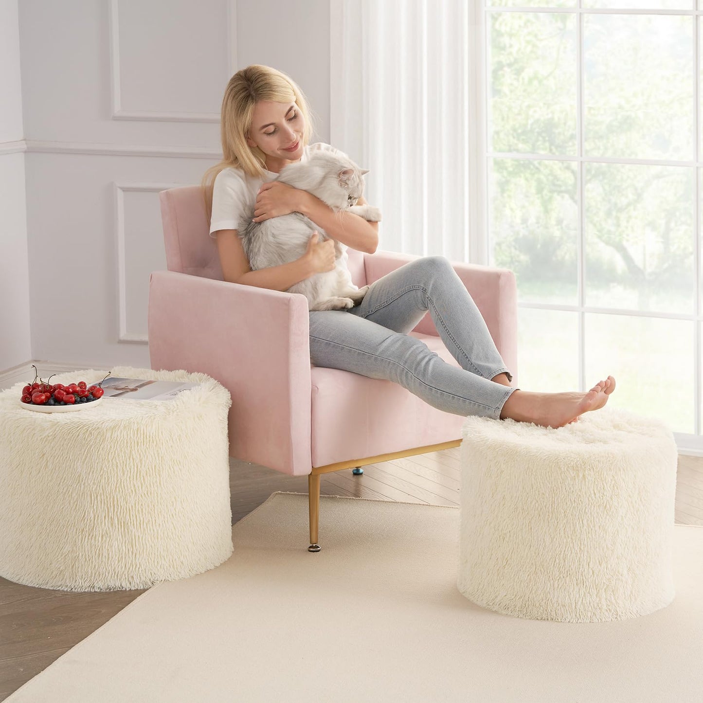Hansleep Round Pouf Ottoman Foot Rest, 17 x 14 Small Faux Fur Stuffed Pouf for Chair, Foam Filled Foot Stools Ottomans for Living Room, Beige