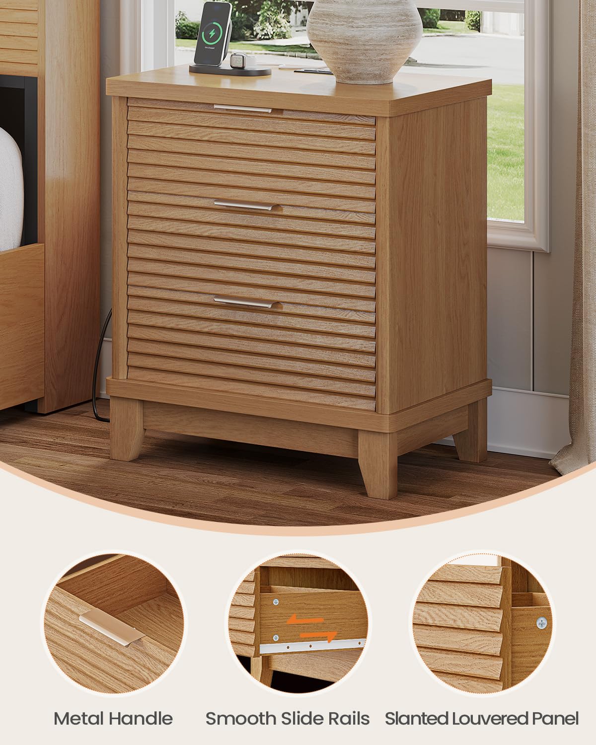 AOGLLATI Fluted Night Stand with Charging Station and 3 Drawers, Wood Nightstands Beside Table with Slanted Louvered Design,Retro End Side Table for Bedroom (1, Wood)