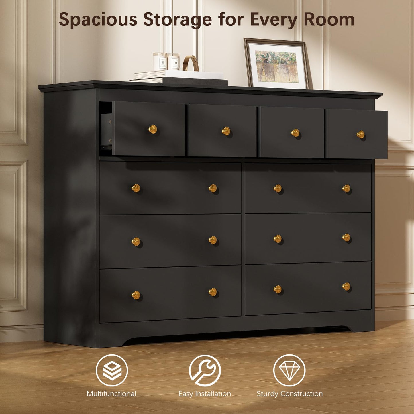 LYNSOM Modern 10 Drawer Dresser, 55.1" Wide Dressers & Chests of Drawers with Large Capacity Storage, Mid Century Black Dresser for Bedroom, Hallway, Black