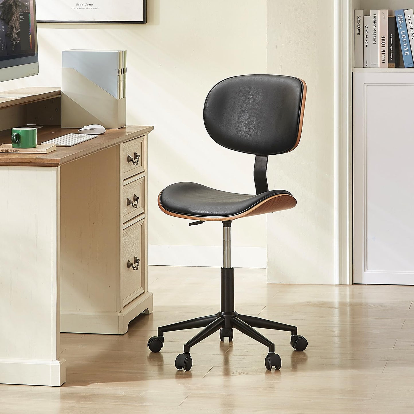 Bestier Small Office Chair with Bentwood Back Support, Armless Desk Chair with 360° Swivel, Height Adjustable Computer Chair with Wheels, PU Leather Modern for Office, Small Space, Black