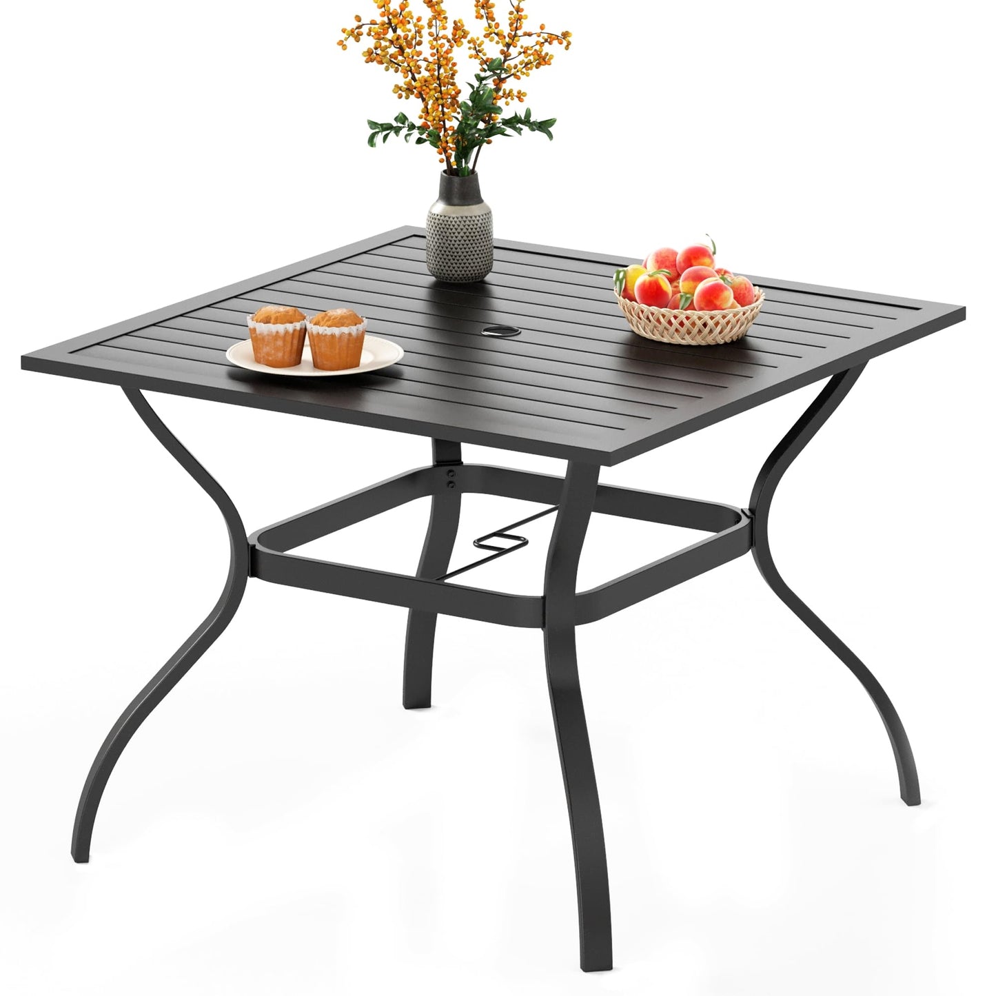 PHI VILLA 37 Inch Outdoor Dining Table Metal Steel Slat Square Patio Dining Table with 1.57" Umbrella Hole for Garden, Backyard and Porch (Classic Black)