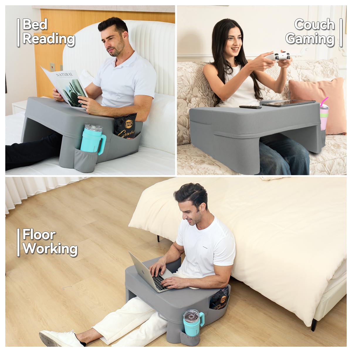 septsun Reading Pillow for Gaming,Soft Lap Desk Pillow for Laptop,Ultimate Lap Pillow with Cup Holder Pocket,Comfort Laptop Lap Desk for Bed Couch Car (Gray, Large)