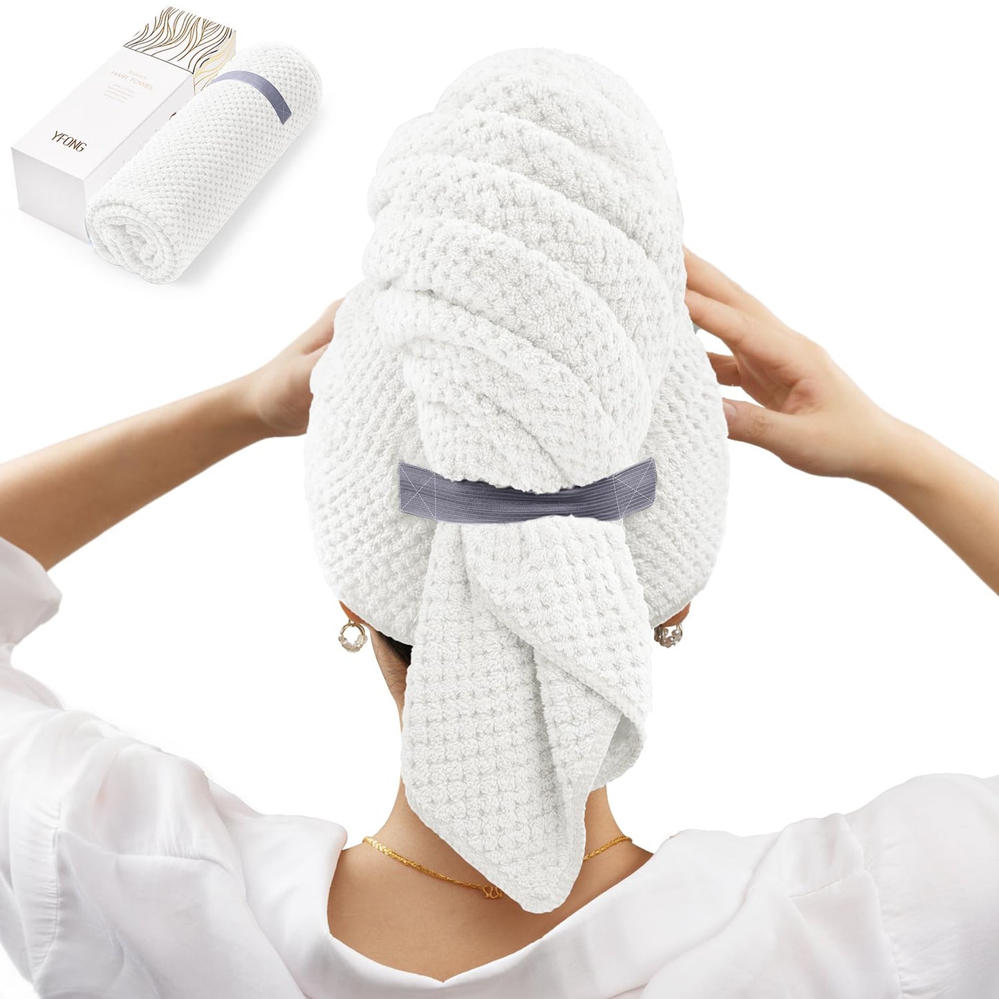 YFONG X-Large Microfiber Hair Towel Wrap for Women, Soft Hair Drying Towel with Elastic Band, Fast Drying Hair Turbans for Wet Curly Long Hair, Microfiber Towel for Hair Anti Frizz 30" X 40" (White)
